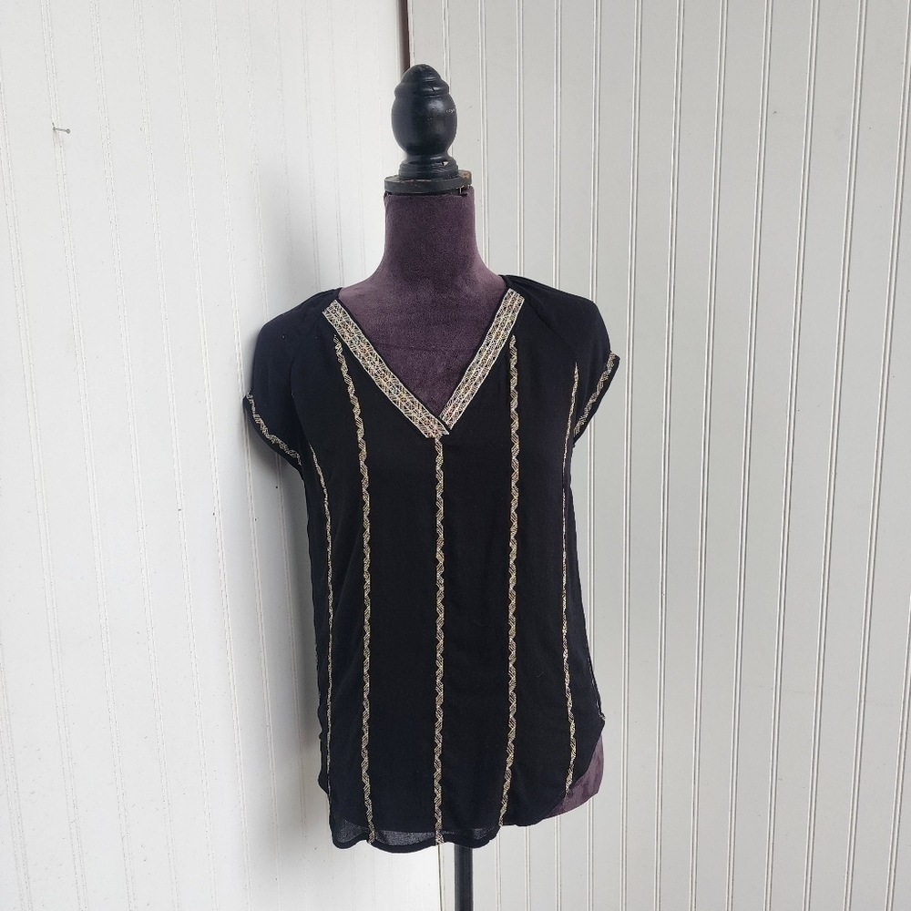ELLA MOSS Women's Gold Silver Embroidered Blouse Top Short Sleeve Black XS